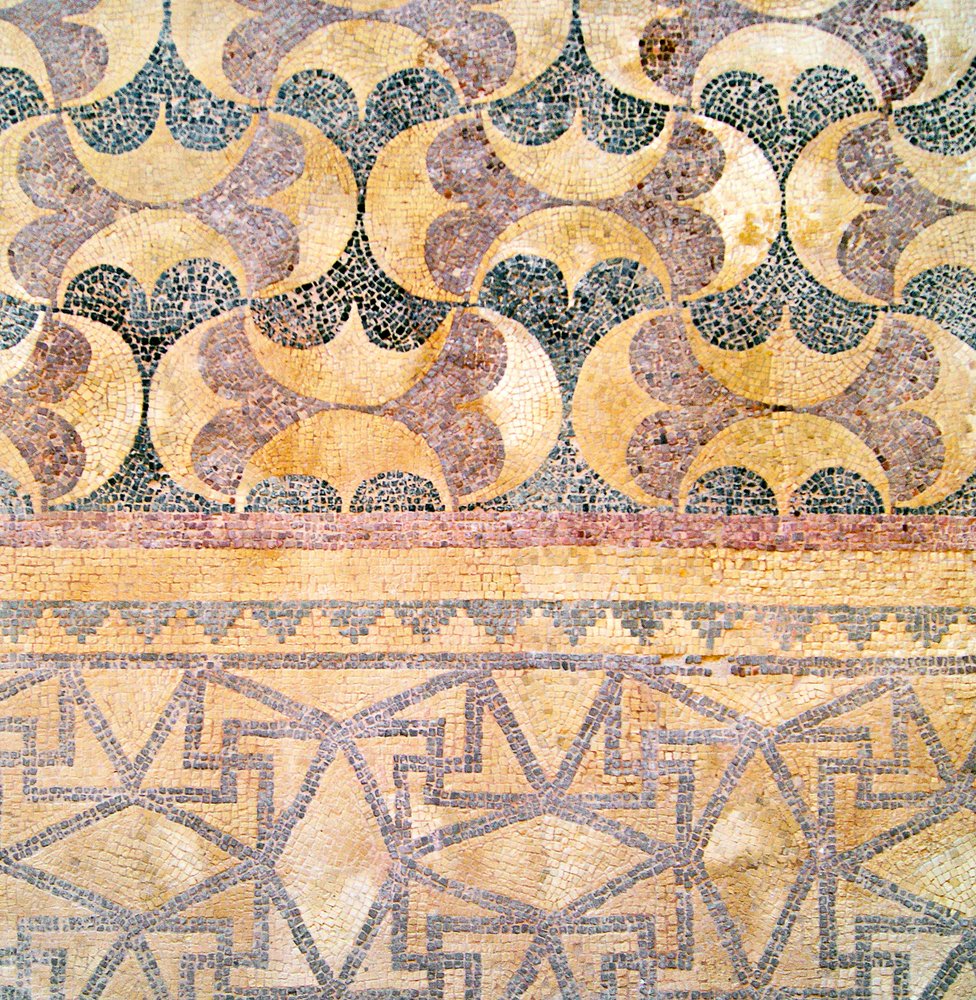 Yksityiskohta geometrisesta laattatyöstä, Theseuksen talo, Pafos, Kypros-mosaiikki tekijältä Roman
