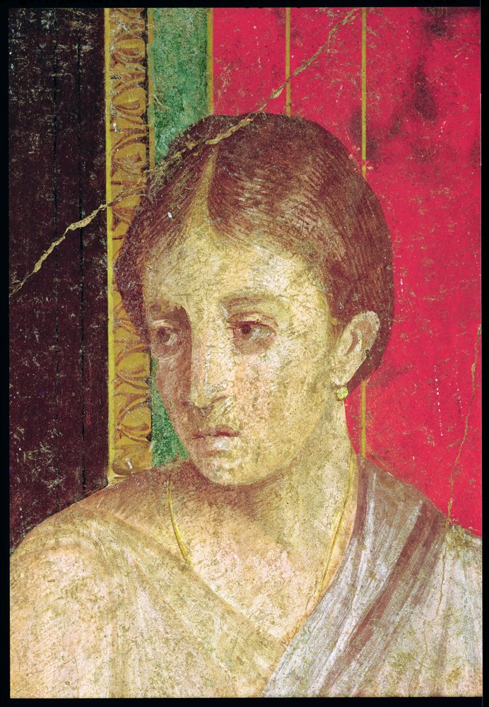Yksityiskohta istuvan äidin päästä, katekismuskohtauksesta, pohjoisseinä, Oecus 5, 60-50 eKr. ks. myös 20015. tekijältä Roman