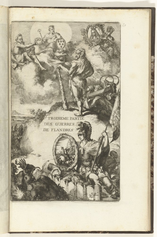 Otsikkopainatus Guerres de Flandresin kolmannelle osalle Troisieme partie des Guerres de Flandres (otsikko esineessä) Guerres de Flandres (sarjan nimi) tekijältä Romeyn de Hooghe (attributed to)
