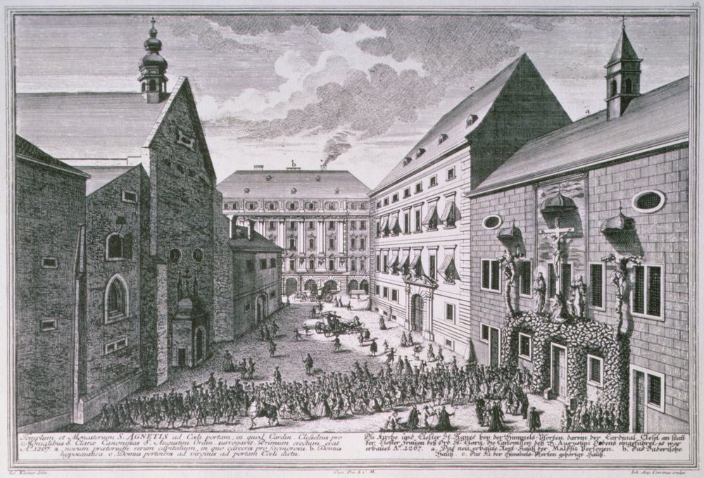 Näkymä Pyhän Agnesin kirkolle, Wien, Johann-August Corvinuksen (1683-1738) kaiverrus tekijältä Salomon after Kleiner