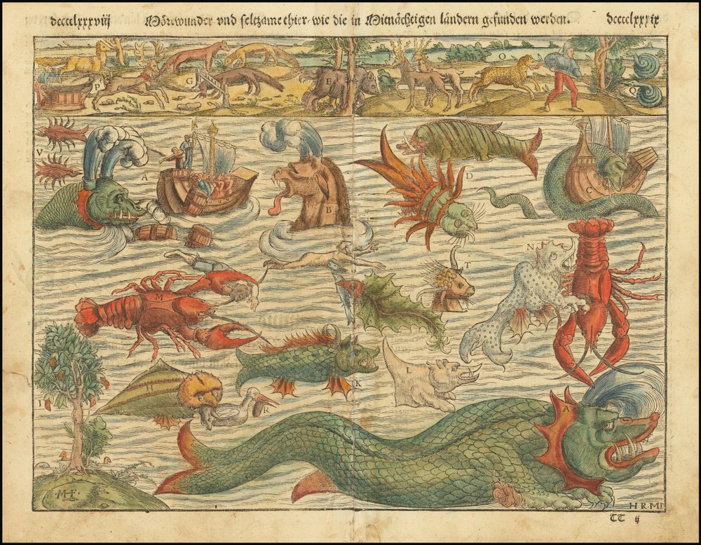 Sebastian Münsterin merihirviöiden kartan painos vuodelta 1570. tekijältä Sebastian Munster