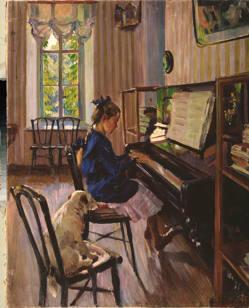 Pianon ääressä - Sergei Arsenjevitš Vinogradovin (1869-1938) maalaus tekijältä Sergei Arsenevich Vinogradov