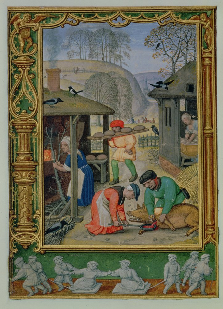 Lisää 24098 f.29v joulukuu: Ruoan valmistaminen talveksi, leivän teko ja sian tappaminen Tuntikirjasta tai Golfkirjasta, n. 1520-30 (vellum) tekijältä Simon (workshop of) Bening