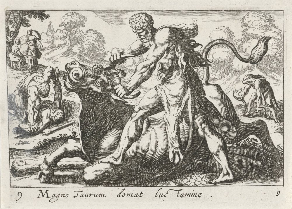Hercules taistelussa Achelouksen kanssa Valo kesyttää suuren härän (otsikko esineessä) Herculische-teeman (sarjan nimi) tekijältä Simon Frisius