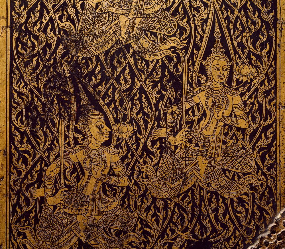 Vaatekaappi sutralle, veistetty ja lakattu puu, Bangkokista, Thaimaasta, Yksityiskohta, Thaimaan sivilisaatio, 1800-luvun alku tekijältä Thai School