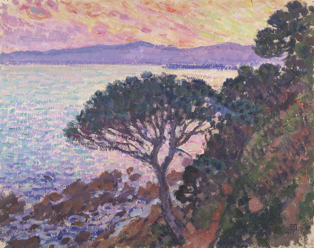 Mänty meren rannalla auringonlaskun aikaan tekijältä Théo van Rysselberghe