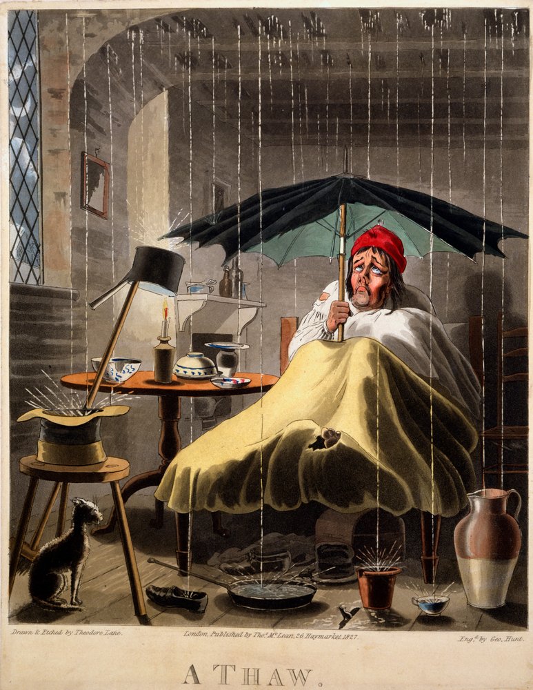 A Thaw, George Huntin tekemä vedos, 1827 (käsin väritetty kaiverrus). tekijältä Theodore Lane