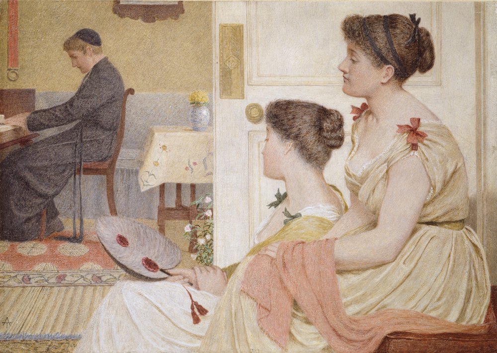 Salikohtaus nuoren papin kanssa pianon ääressä, 1800-luvun loppu tekijältä Thomas Armstrong