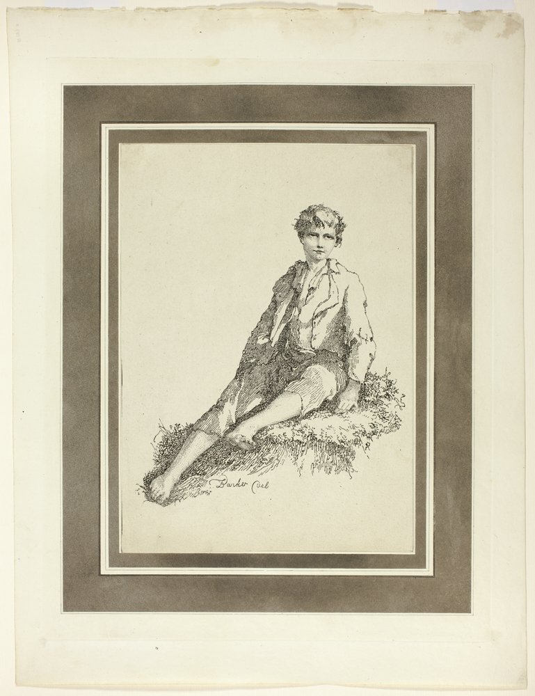 Young Boy Seated, Specimens of Polyautography -lehden ensimmäisestä numerosta tekijältä Thomas Barker