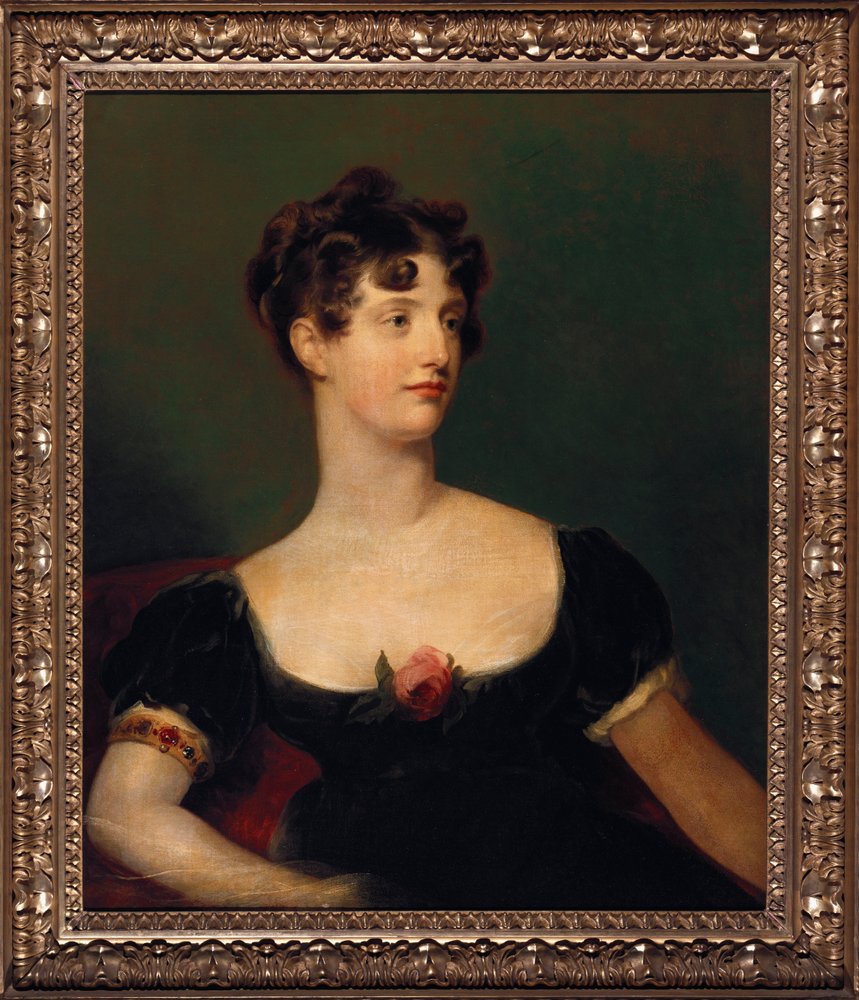 Muotokuva istuvasta Lady Beresfordista puolivartalokuvana, yllään ruusulla koristeltu musta puku tekijältä Thomas Lawrence