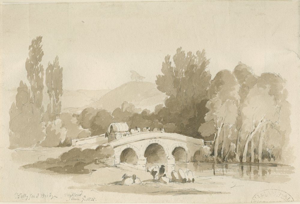 Stafford - Hollyford Bridge, Milford: seepiapiirustus, 7. kesäkuuta 1838 (piirustus) tekijältä Thomas Peploe Wood