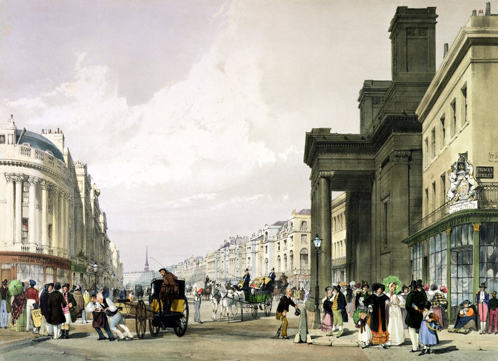 Regent Street katselee Quadrantia kohti Hannoverin kappelilla etualalla ja ostoksilla kävelyllä, 1842 tekijältä Thomas Shotter Boys