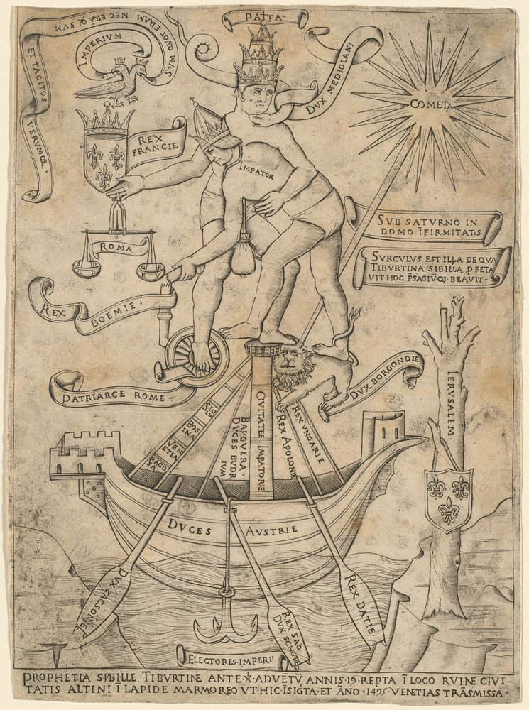 Keisarin ja paavin allegoria, n. 1495. tekijältä Unbekannt