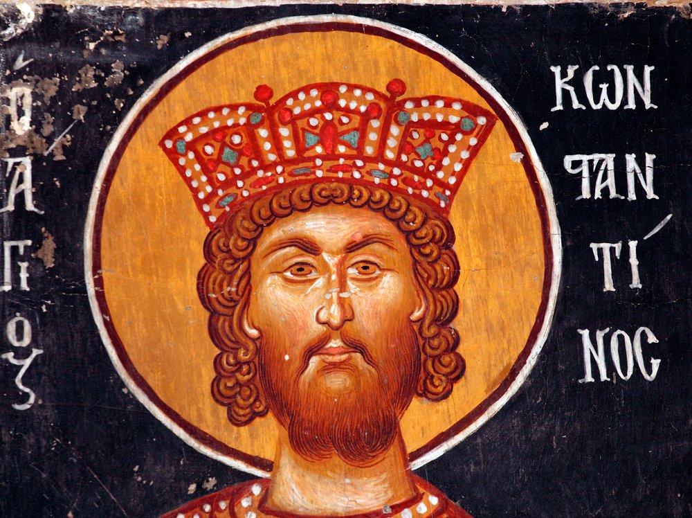 Bysanttilainen fresko 1400-luvulta (yksityiskohta): Keisari Konstantinuksen seinämaalaus Arkkienkeli Mikaelin kirkko Pedoulasissa Kypros Maalatut kirkot Unescon sivusto Troodos, Kypros tekijältä Unbekannt