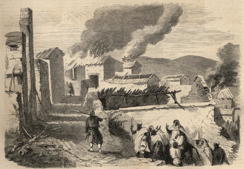 Algerian valloitus: retkikunta Suur-Kabyliaan vuonna 1857. Beni Yennin alistuminen 1. zouaavirkmentin pataljoonankomentajan herra Amellerin piirustuksen pohjalta. Kaiverrus vuoden 1857 "Le Monde illustré" -lehdessä. Yksityiskokoelma. tekijältä Unknown artist