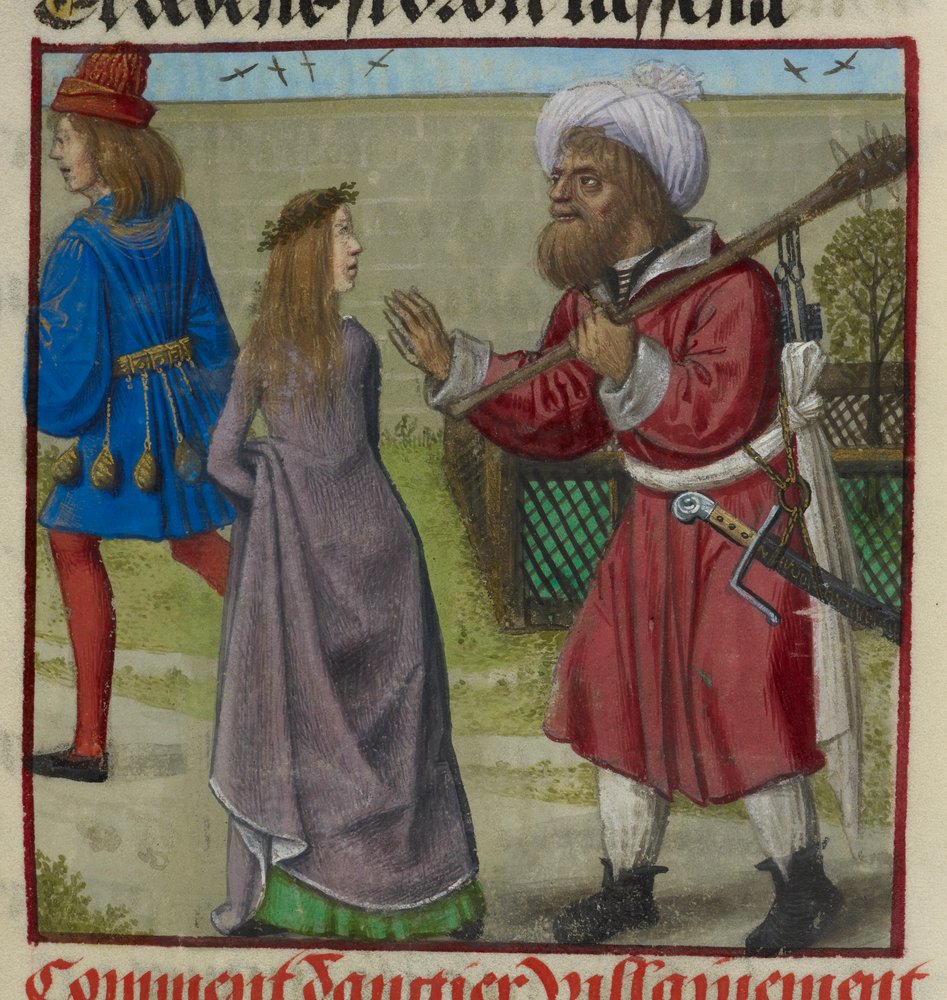 Yksityiskohta Vaara-miniatyyristä, joka karkottaa rakastajan ja Bel Accueilin (reilu tervetuloa) puutarhasta, Le Roman de la Rosesta tekijältä Unknown artist
