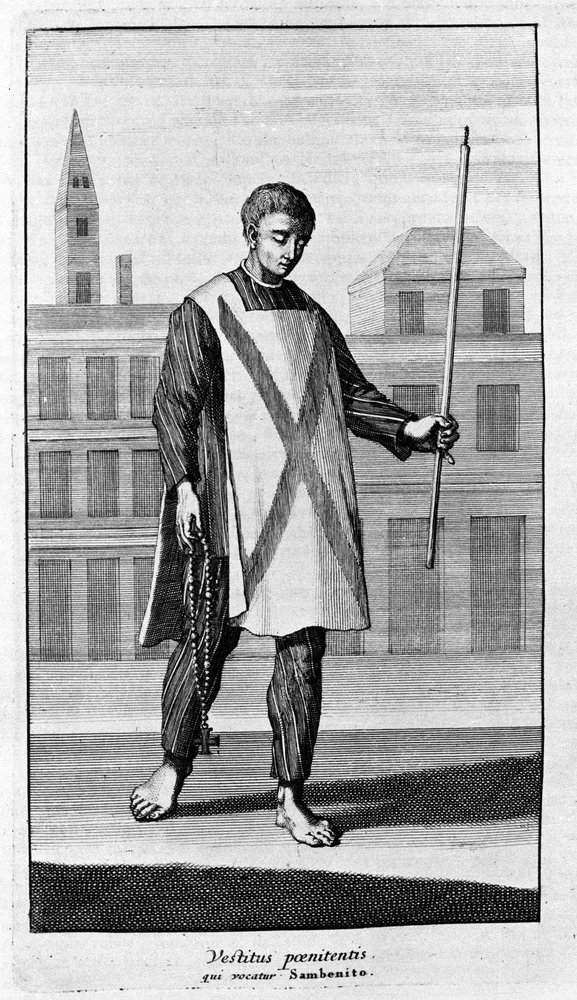 Inkvisitio. Sanbenito-asun pukeminen autodafén kulkuetta varten. Kaiverrus teoksesta "Inkvisition historia", Amsterdam 1692. tekijältä Unknown artist