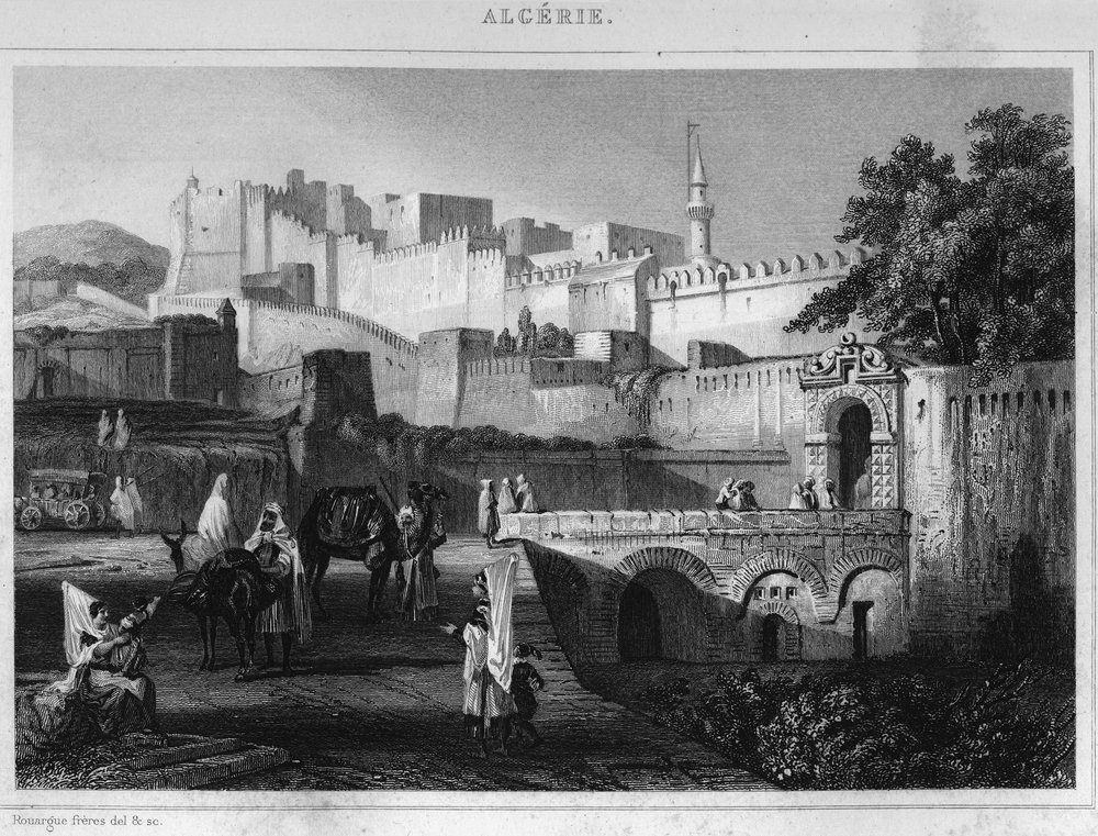 Porte Bab-Azoun Algerissa, linnoitus, jonka Escars jakoi Ranskan valloituksen aikana vuonna 1830, Leon Galibertin teoksessa "L