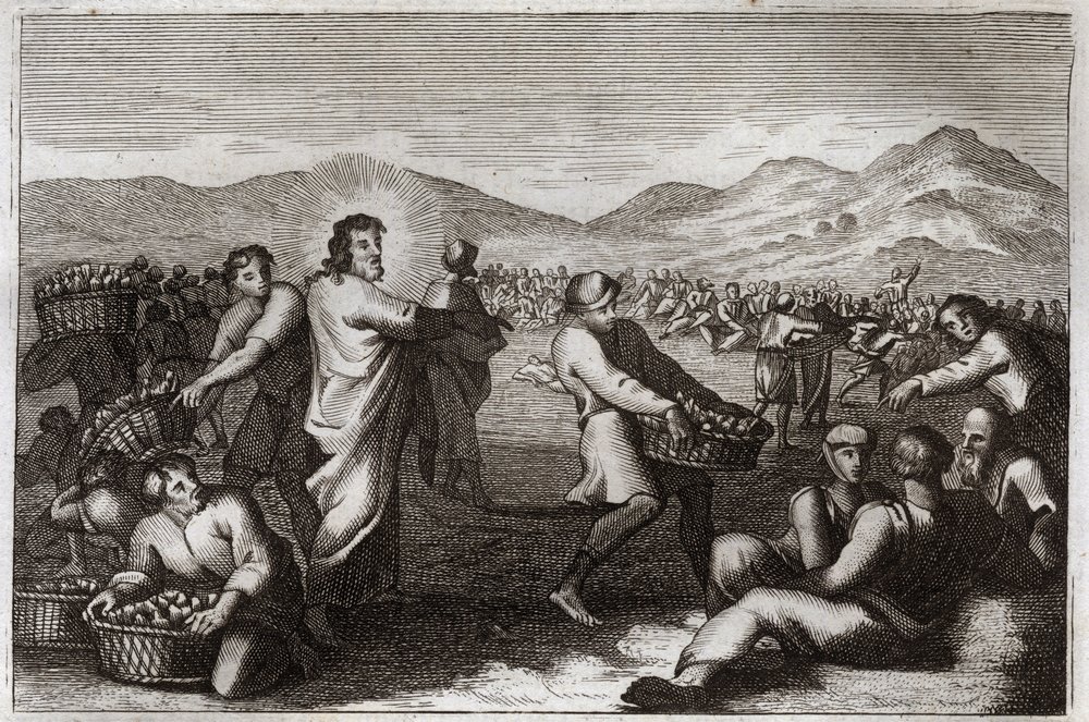 Royaumont Raamattu, Uusi testamentti: Leipien levittäminen. Jeesus Kristus lisää viisi leipää ja ruokkii viisituhatta miestä. Kuvitus vuodelta 1811. tekijältä Unknown artist
