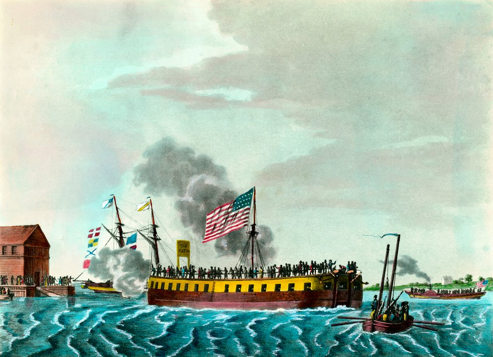Fulton Steam Fregate "Manoeuvring New Yorkin satamassa Yhdysvalloissa" Kaiverrus noin 1807 Yksityinen kokoelma tekijältä Unknown artist