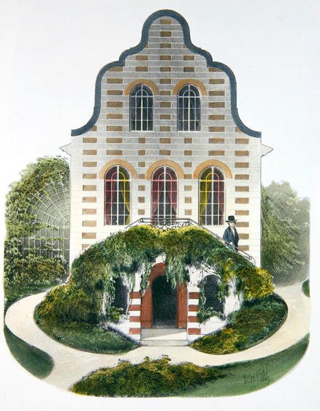 Hollantilainen talo, kuvitus "Habitations Champetres" -julkaisusta, julkaistu Pariisissa, n. 1895 (chromolitho) tekijältä Victor Jean-Baptiste (after) Petit
