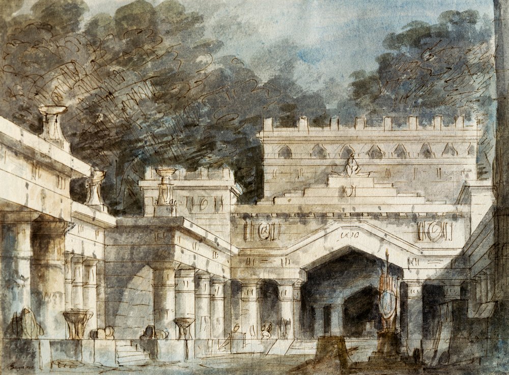 La Fenice -teatterissa Venetsiassa esitettävän Vincenzo Bellinin (1801-1835) oopperan Norman viidennen kohtauksen lavastus Francesco Bagnara tekijältä Vincenzo Bellini