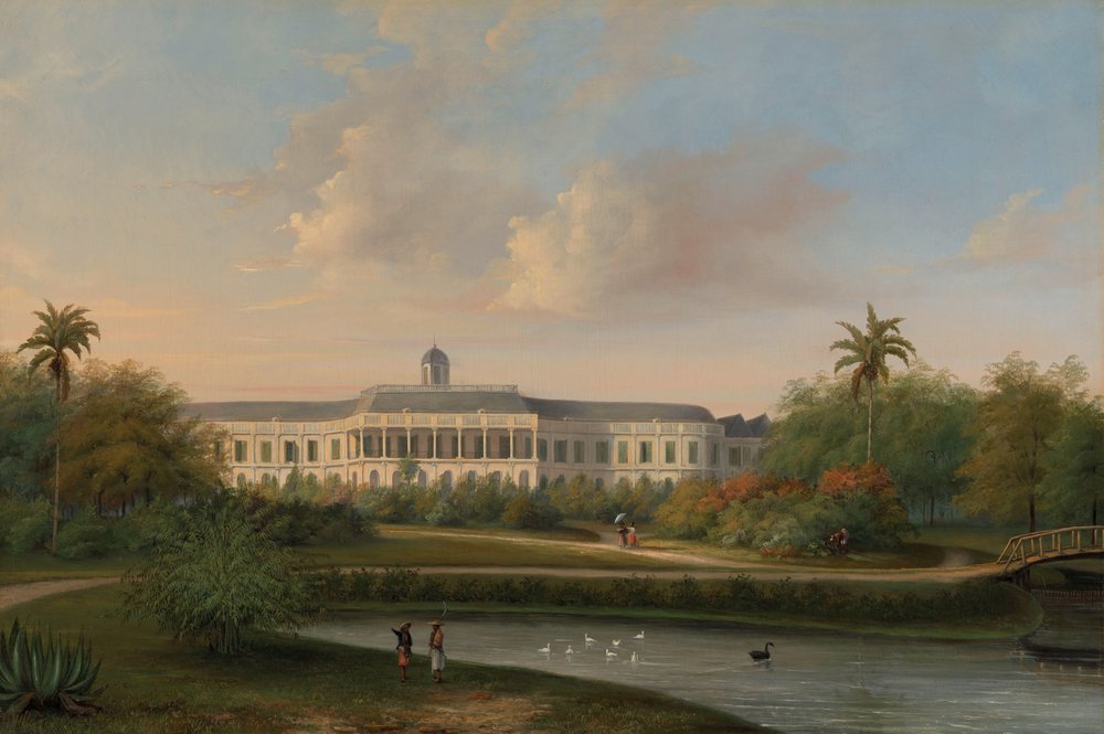 Buitenzorgin palatsin takaa katsottuna ennen maanjäristystä 10. lokakuuta 1834 tekijältä Willem Troost (II)