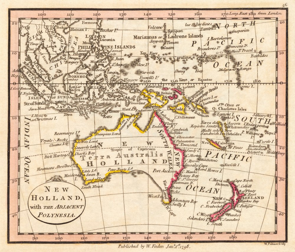 Australia ja Uusi-Seelanti. Uusi Hollanti. Kartta. tekijältä William Faden