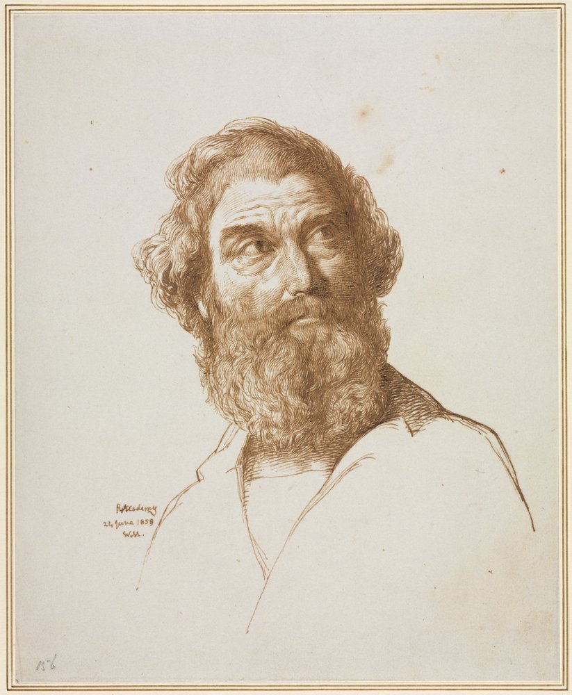 Vasemmalle katsovan parrakkaan miehen pää, 1859. tekijältä William Mulready