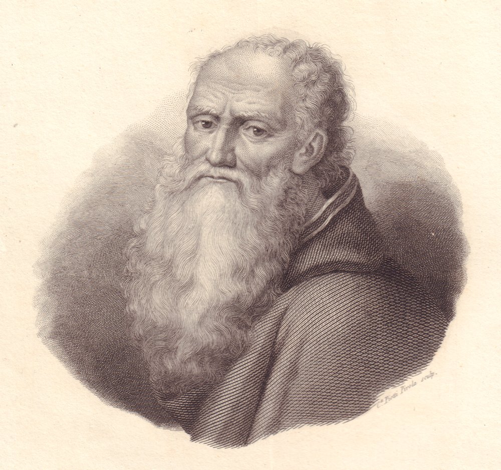Italialaisen taidemaalari Bernardino Luinin (noin 1481-1532) muotokuva, Caterina Piotti-Pirolan kuparikaiverrus Luinin omakuvasta tekijältä William Walcutt