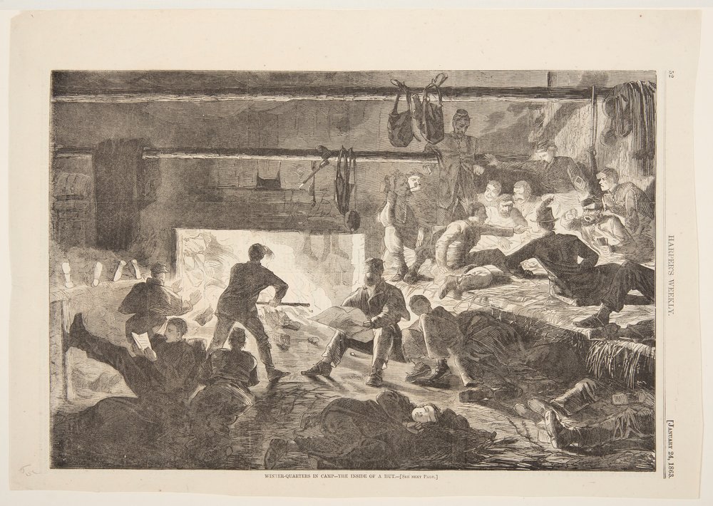 Winter-Quarters in Camp - Inside of the Hut tekijältä Winslow Homer
