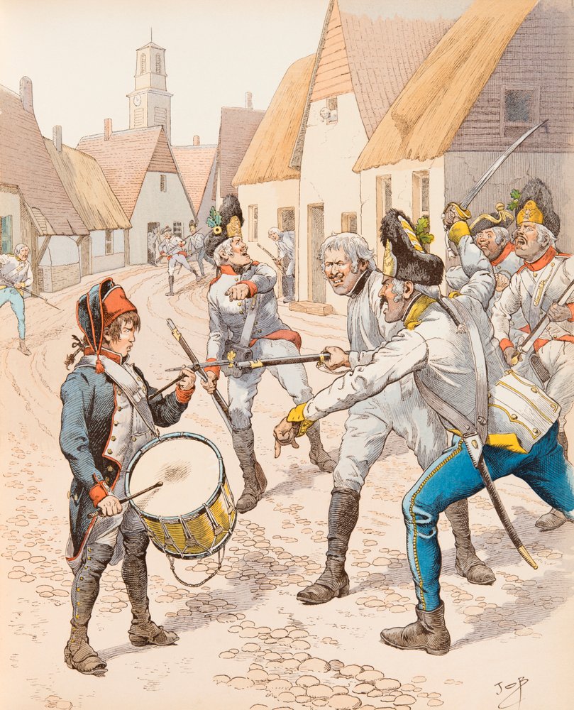 Jacques Marie Gaston Onfroy de Breville dit JOB (1858-1931) - Wattigniesin pieni rumpu vuonna 1793 (The Drum Stroh (Strauh) joutui itävaltalaisten iskujen alle taistelun aikana), Yksityiskokoelma tekijältä pseudonym for Jacques Onfroy de Bréville Job