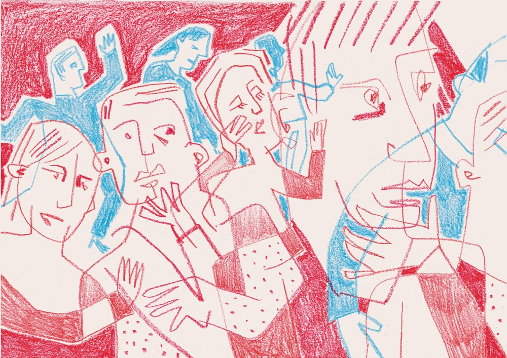 Ilmeikkäitä hahmoja punaisella ja sinisellä tekijältä Catalina Somolinos