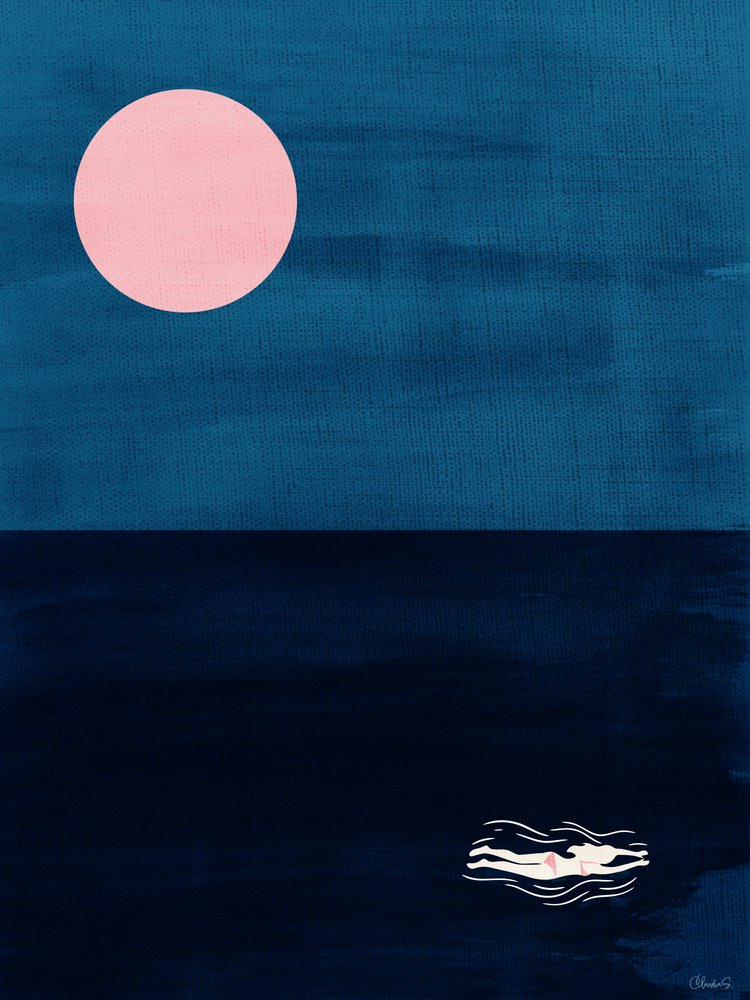 Midnight Swim Pink Moon -abstrakti meriaiheinen taidejuliste tekijältä Claudia Spano'