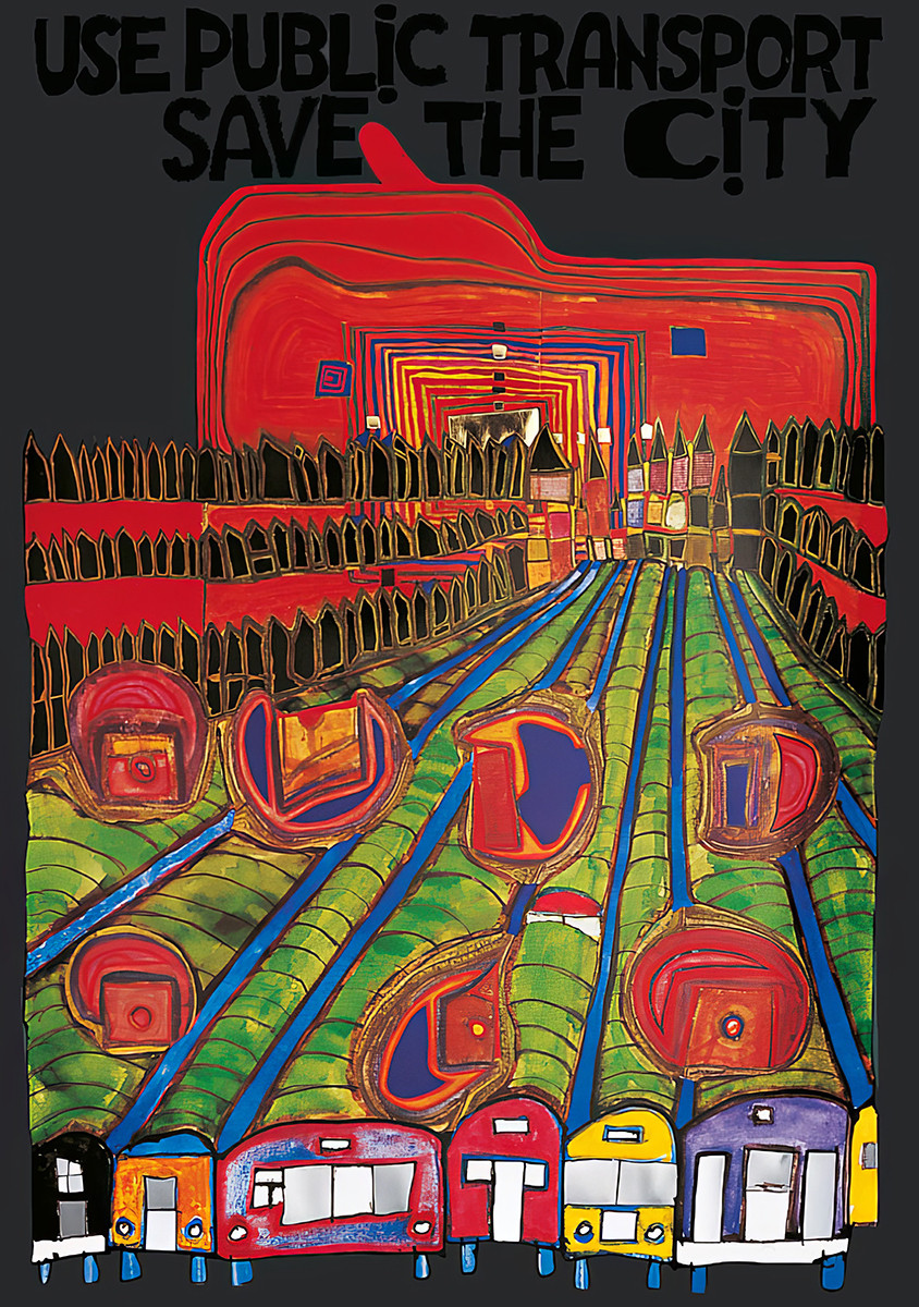 Käytä joukkoliikennettä – pelasta kaupunki tekijältä Friedensreich Hundertwasser