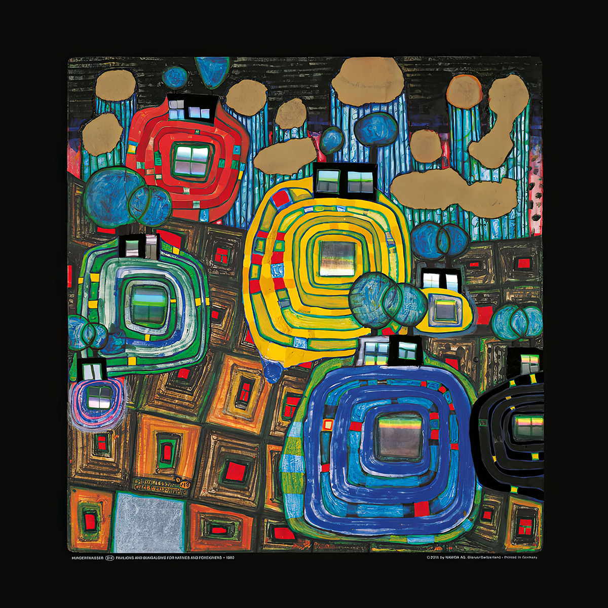 Paviljongit ja bungalowit paikallisille ja ulkomaalaisille tekijältä Friedensreich Hundertwasser