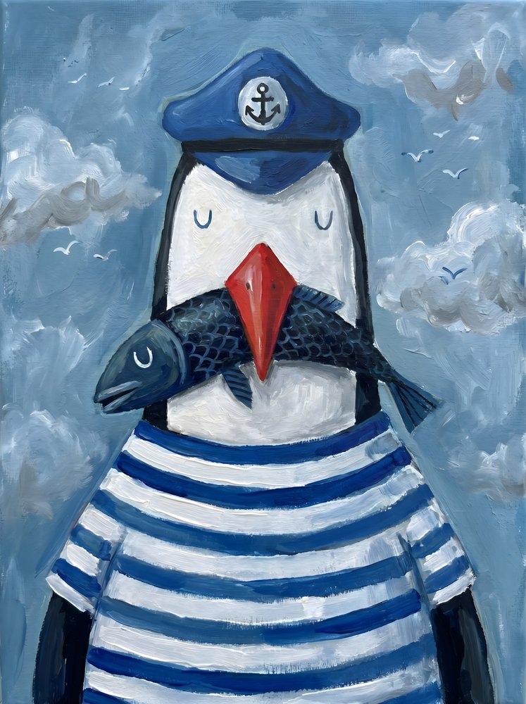 Merenkulkija-pingviini ja kala tekijältä HUGO