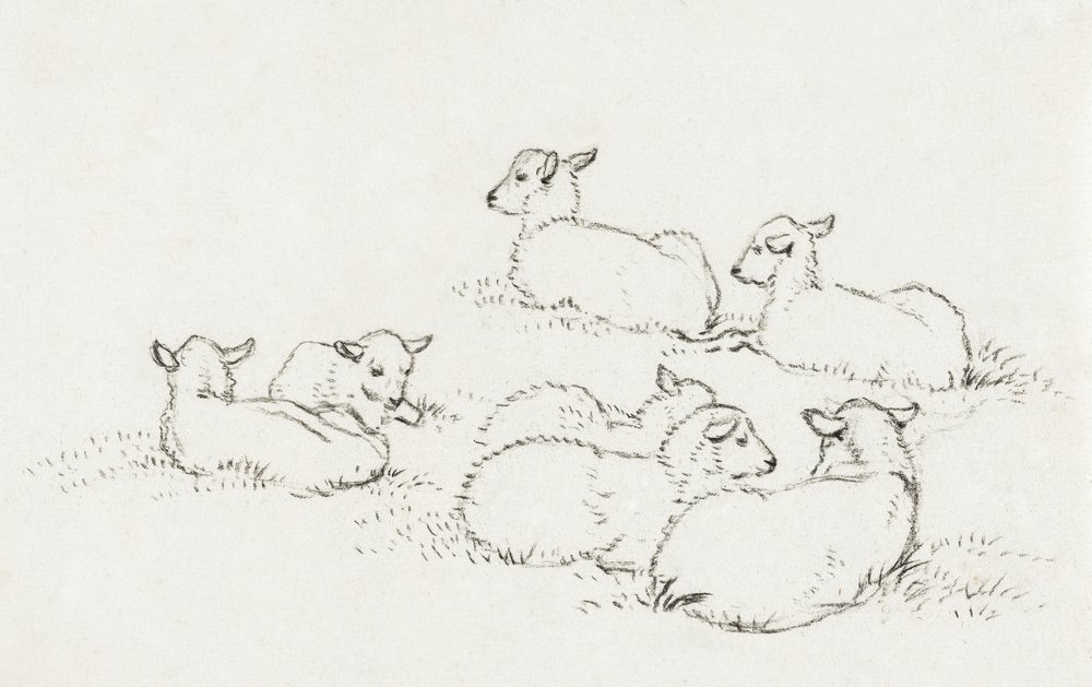 Kuusi makuulla olevaa lammasta (1820) tekijältä Jean Bernard