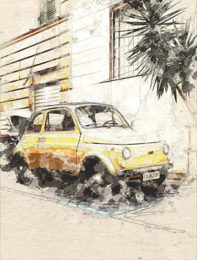 Klassinen keltainen Fiat tekijältä Lembayung senja studio [Vintage Poster]