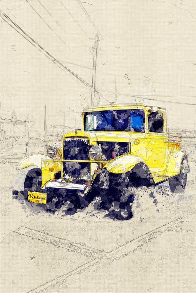 Klassinen keltainen avopakettiauto tekijältä Lembayung senja studio [Vintage Poster]