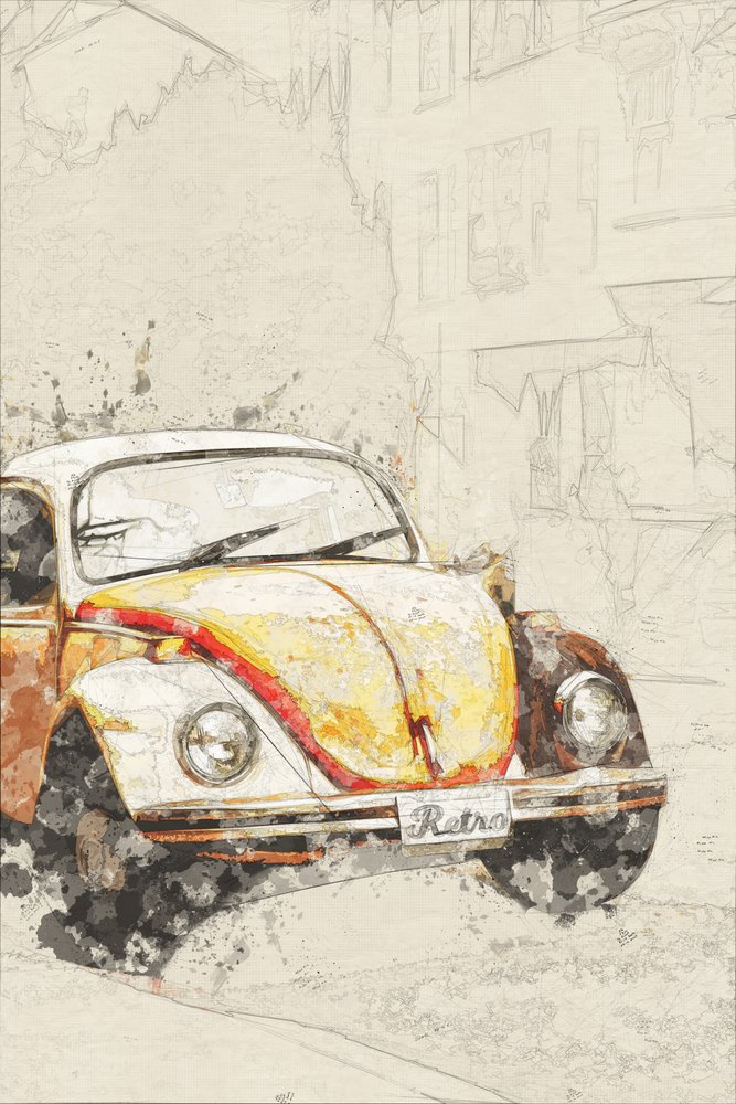Retro-keltainen Beetle tekijältä Lembayung senja studio [Vintage Poster]