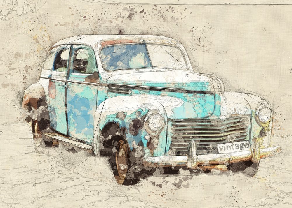 Maalaishenkinen sininen vintage-auto tekijältä Lembayung senja studio [Vintage Poster]