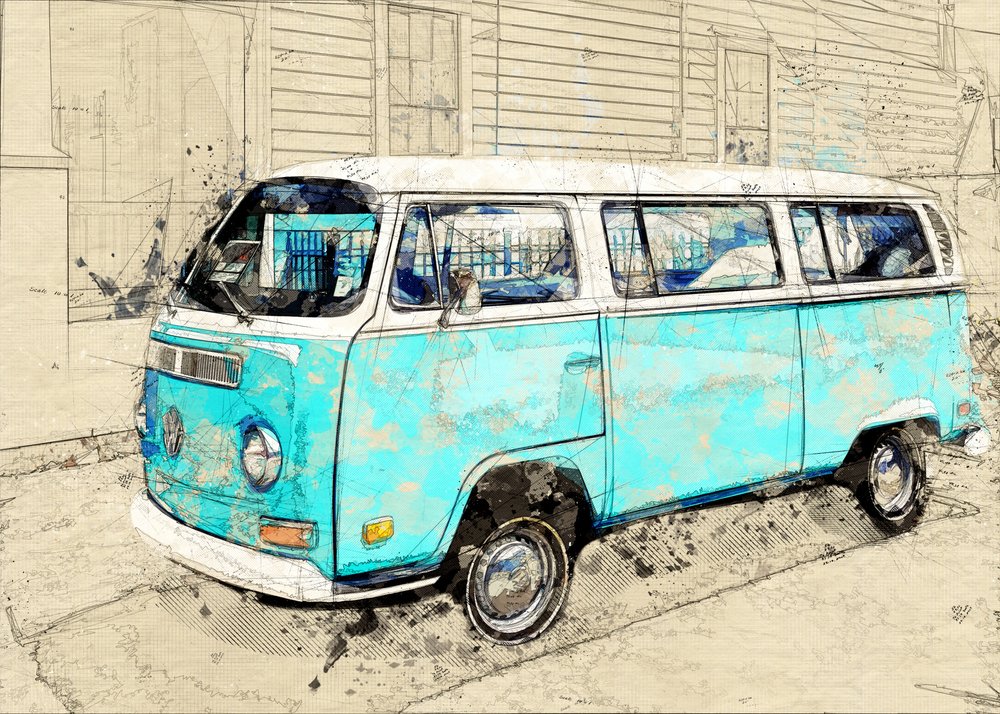 Vintage-tyylinen sininen matkailuauto tekijältä Lembayung senja studio [Vintage Poster]