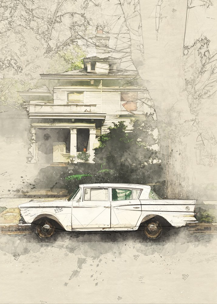 Vintage-auto ja vanha talo -luonnos tekijältä Lembayung senja studio [Vintage Poster]