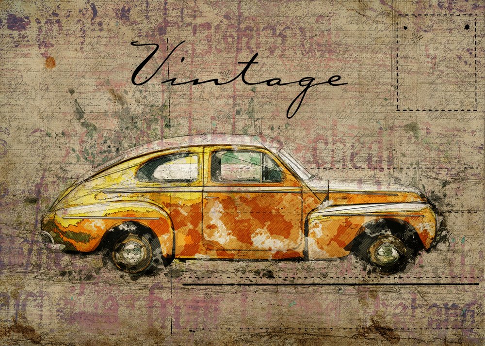 Vintage-tyylinen oranssi auto tekijältä Lembayung senja studio [Vintage Poster]