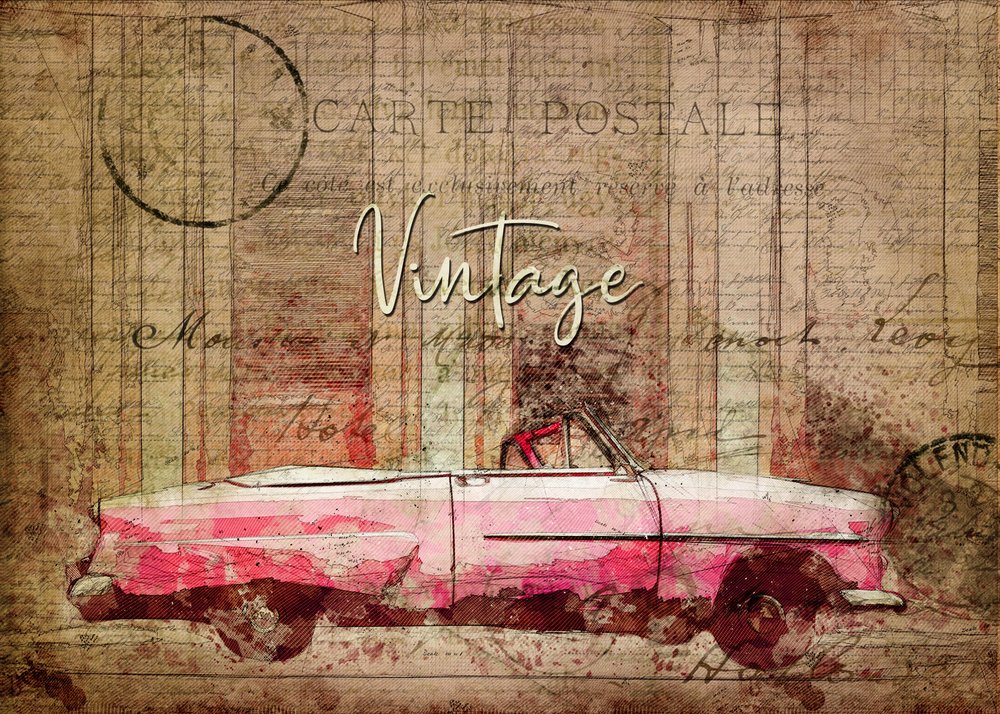 Vintage-tyylinen vaaleanpunainen auto tekijältä Lembayung senja studio [Vintage Poster]