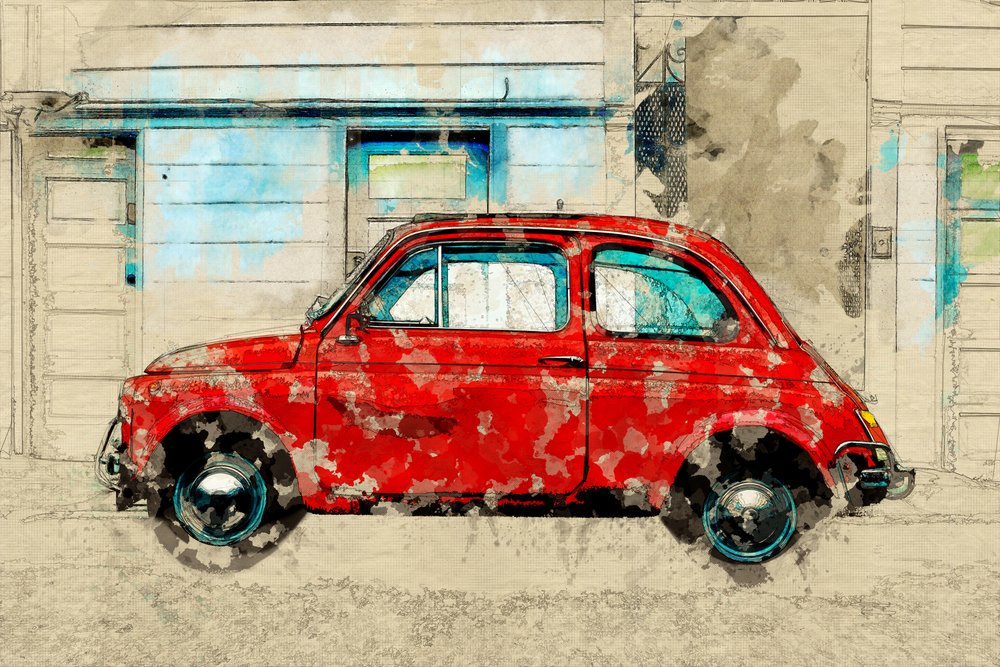 Vintage-tyylinen punainen autokatu tekijältä Lembayung senja studio [Vintage Poster]