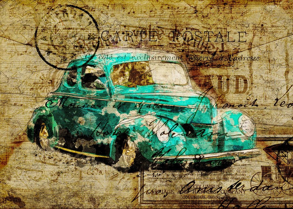 Vintage-tyylinen sinivihreä auto -postikortti tekijältä Lembayung senja studio [Vintage Poster]