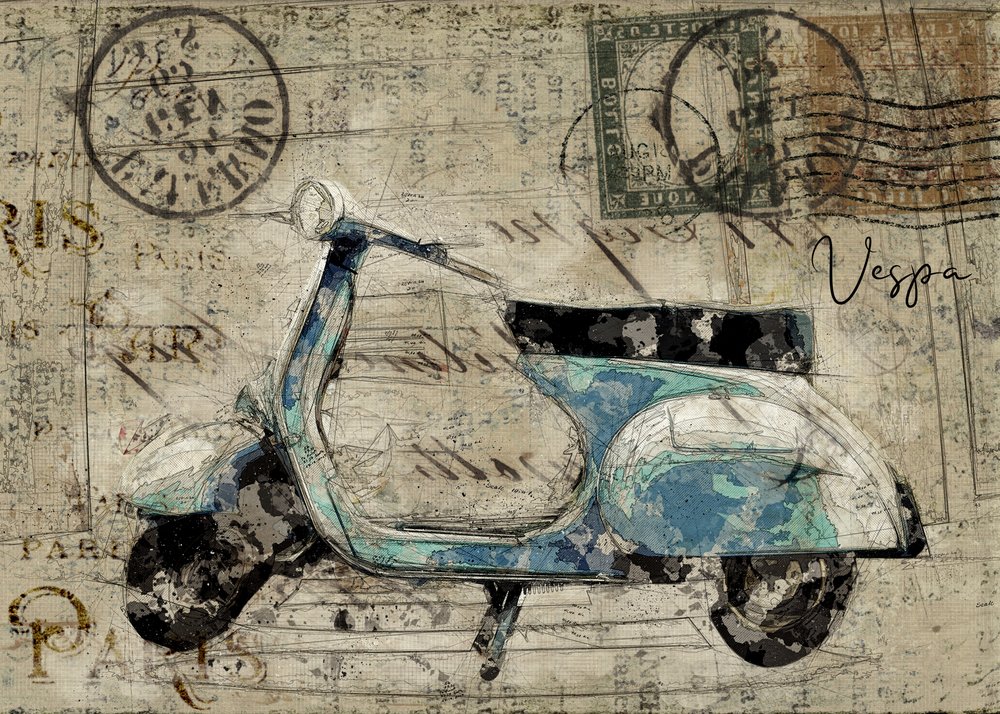 Vintage-Vespa-postikortti tekijältä Lembayung senja studio [Vintage Poster]