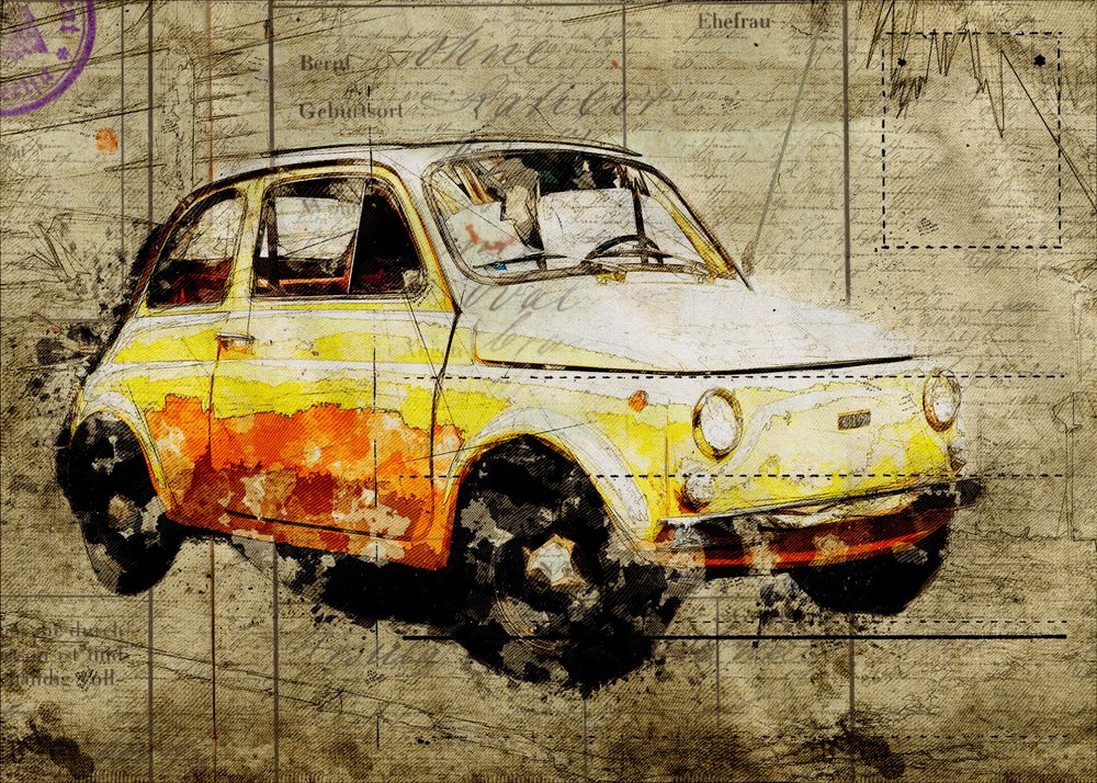 Vintage-keltainen Fiat 500 tekijältä Lembayung senja studio [Vintage Poster]